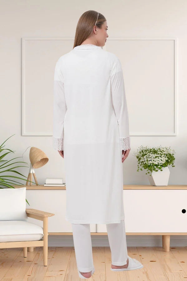 Dantel Kol Önden Düğmeli Lohusa Hamile Sabahlıklı Pijama Takımı Ekru - 1541