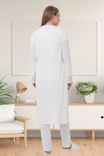 Dantel Kol Önden Düğmeli Lohusa Hamile Sabahlıklı Pijama Takımı Ekru - 1541