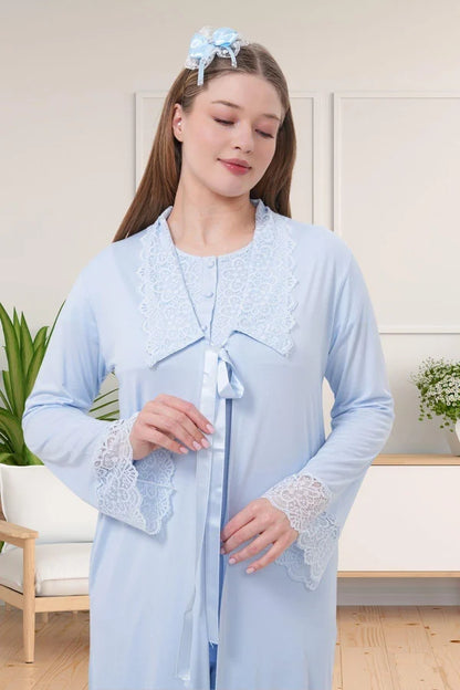 Dantel Kol Önden Düğmeli Lohusa Hamile Sabahlıklı Pijama Takımı Mavi - 1541