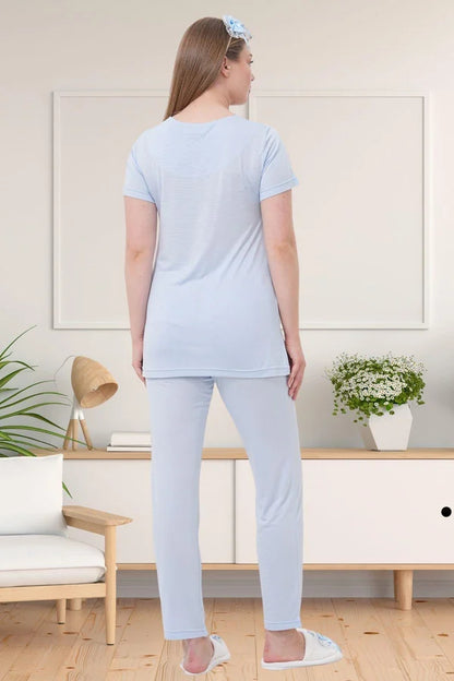 Dantel Kol Önden Düğmeli Lohusa Hamile Sabahlıklı Pijama Takımı Mavi - 1541
