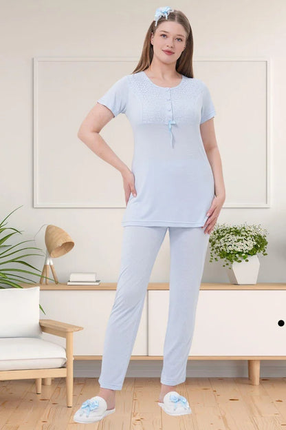 Dantel Kol Önden Düğmeli Lohusa Hamile Sabahlıklı Pijama Takımı Mavi - 1541