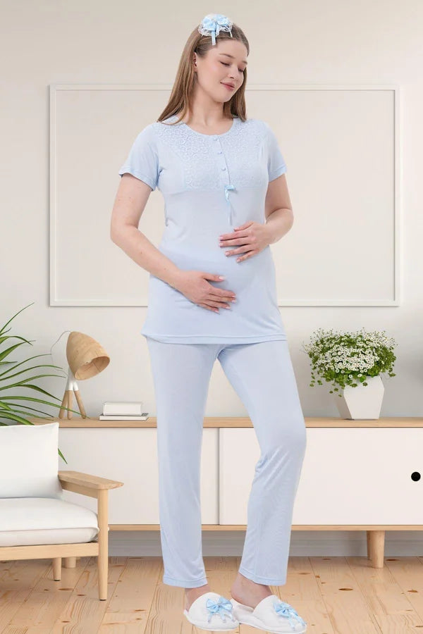 Dantel Kol Önden Düğmeli Lohusa Hamile Sabahlıklı Pijama Takımı Mavi - 1541