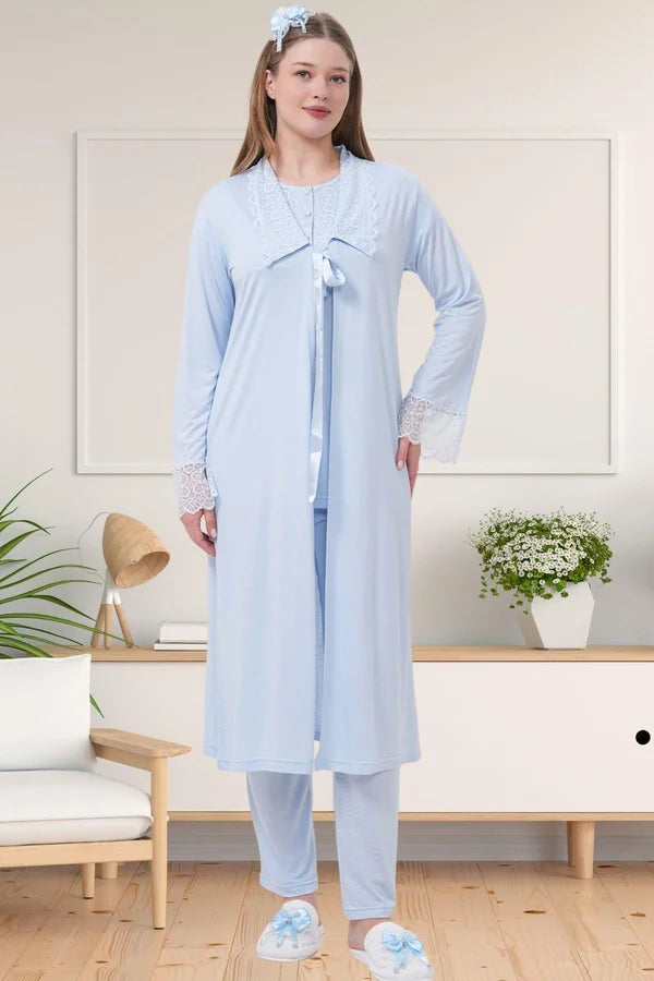 Dantel Kol Önden Düğmeli Lohusa Hamile Sabahlıklı Pijama Takımı Mavi - 1541