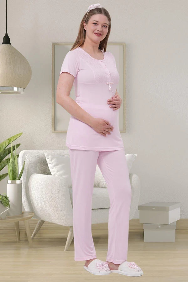 Dantel Kol Önden Düğmeli Lohusa Hamile Sabahlıklı Pijama Takımı Pembe  - 1541