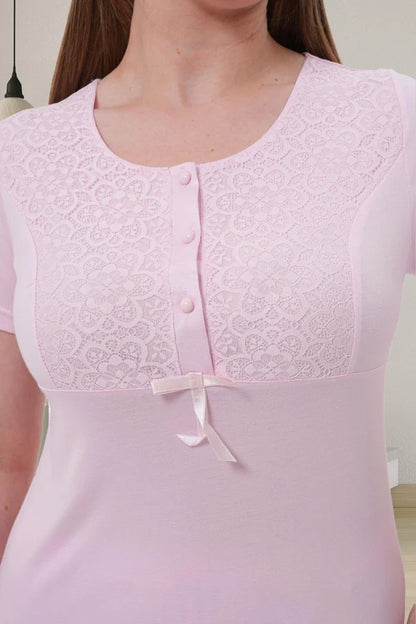 Dantel Kol Önden Düğmeli Lohusa Hamile Sabahlıklı Pijama Takımı Pembe  - 1541