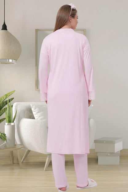 Dantel Kol Önden Düğmeli Lohusa Hamile Sabahlıklı Pijama Takımı Pembe  - 1541