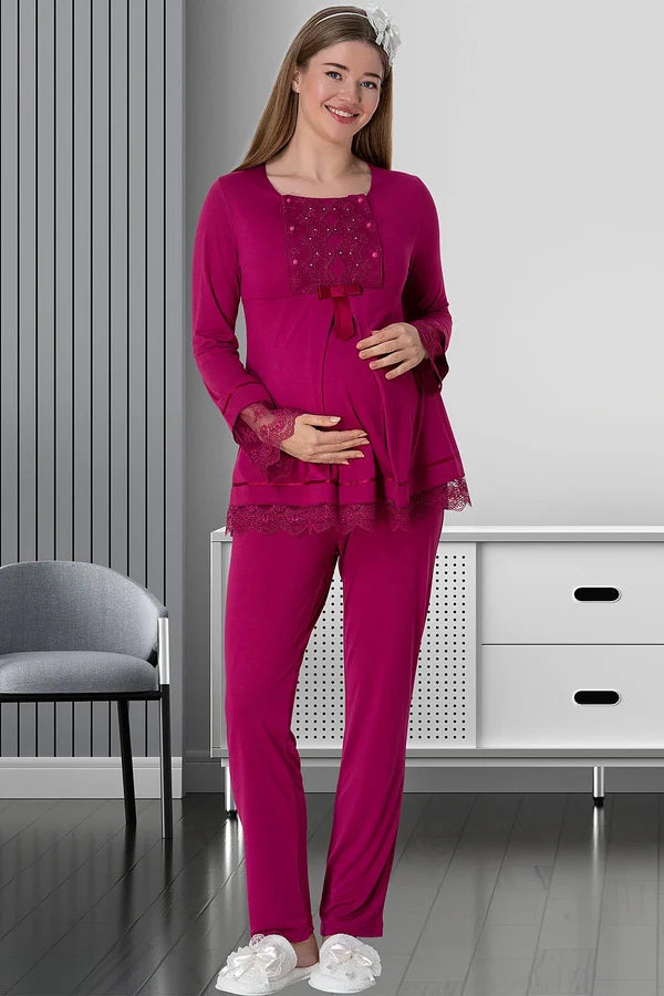 Dantel Kol Emzirme Özellikli  Lohusa Hamile Pijama Takımı Fuşya - 1820