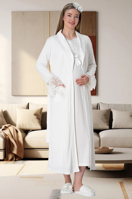 Önden Düğmeli Uzun Sabahlıklı Lohusa Hamile Gecelikli Pijama  Takımı 4'lü Set Ekru - 1924
