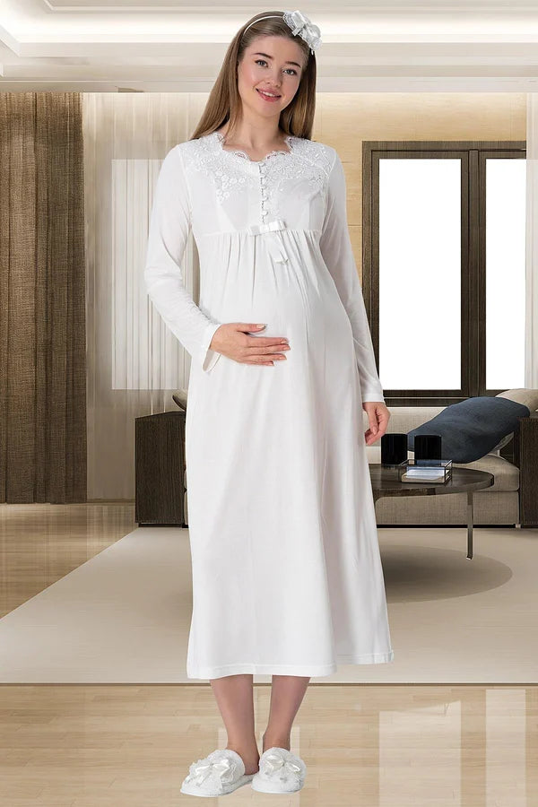 Önden Düğmeli Uzun Sabahlıklı Lohusa Hamile Gecelikli Pijama  Takımı 4'lü Set Ekru - 1924
