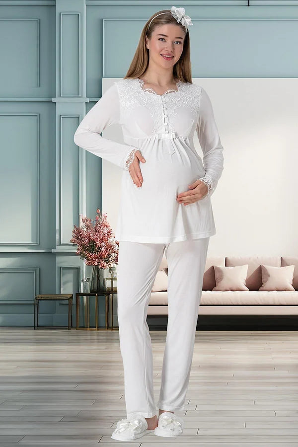 Önden Düğmeli Uzun Sabahlıklı Lohusa Hamile Gecelikli Pijama  Takımı 4'lü Set Ekru - 1924