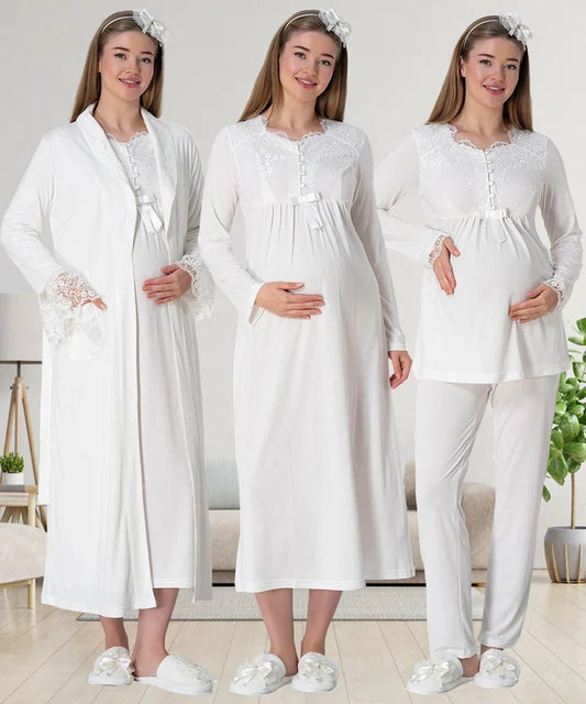 Önden Düğmeli Uzun Sabahlıklı Lohusa Hamile Gecelikli Pijama  Takımı 4'lü Set Ekru - 1924