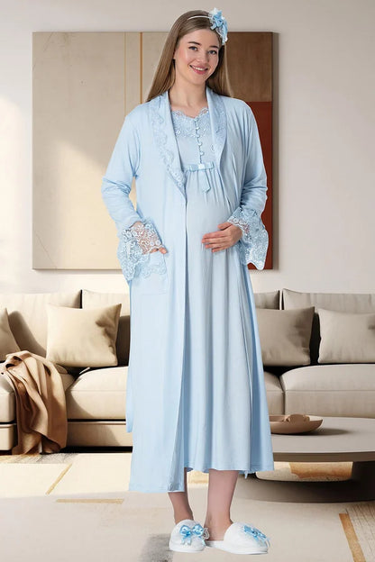 Önden Düğmeli Sabahlıklı Hamile Lohusa Gecelikli Pijama Takımı 4'Lü Set Mavi - 1924