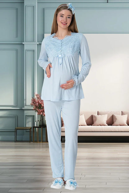 Önden Düğmeli Sabahlıklı Hamile Lohusa Gecelikli Pijama Takımı 4'Lü Set Mavi - 1924