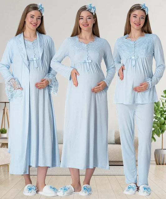 Önden Düğmeli Sabahlıklı Hamile Lohusa Gecelikli Pijama Takımı 4'Lü Set Mavi - 1924