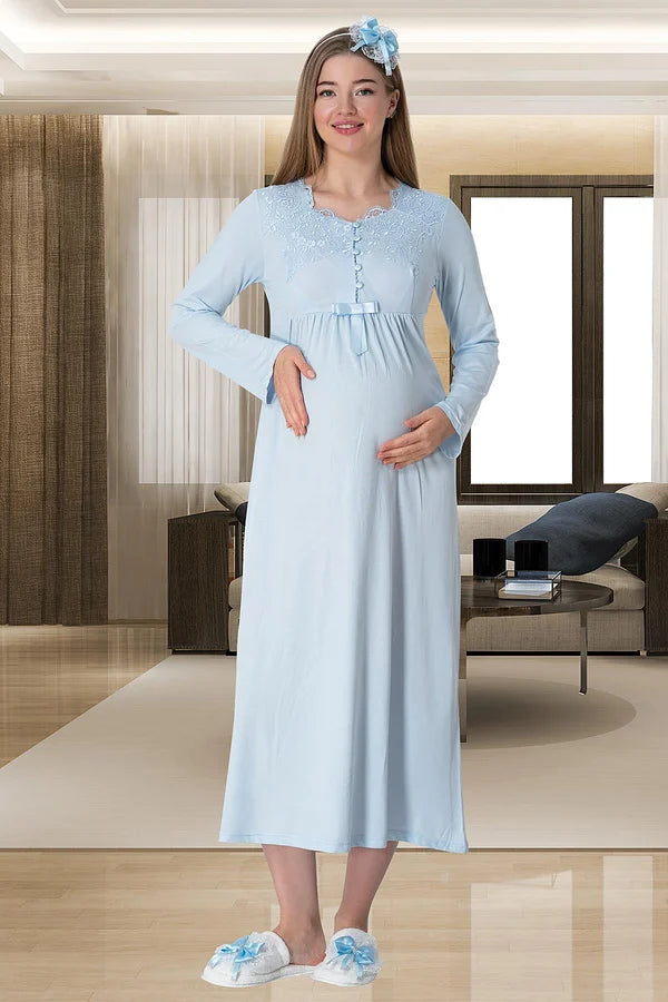 Önden Düğmeli Sabahlıklı Hamile Lohusa Gecelikli Pijama Takımı 4'Lü Set Mavi - 1924