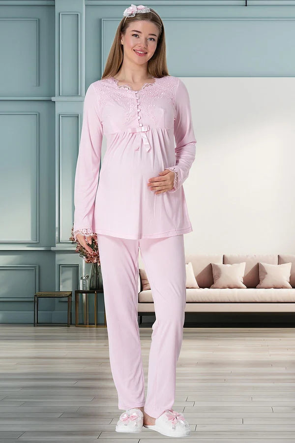 Önden Düğmeli Sabahlıklı Hamile Lohusa Gecelikli Pijama Takımı 4'Lü Set Pembe - 1924
