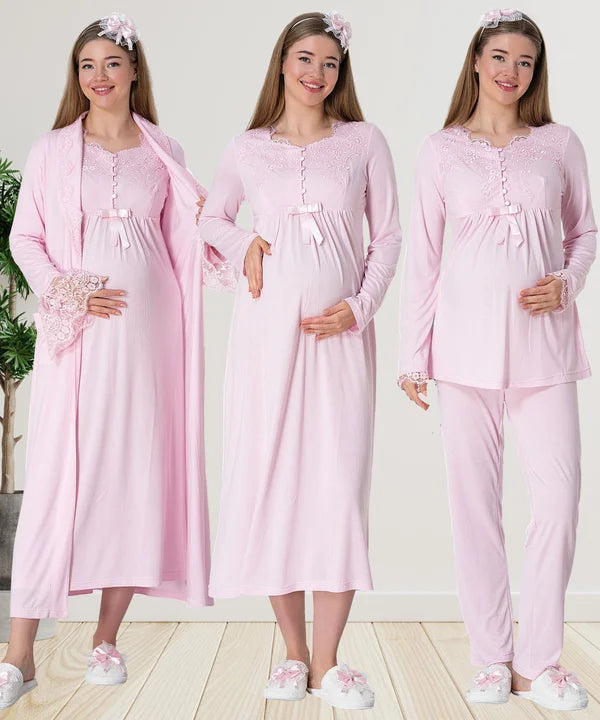 Önden Düğmeli Sabahlıklı Hamile Lohusa Gecelikli Pijama Takımı 4'Lü Set Pembe - 1924
