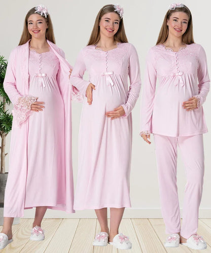 Önden Düğmeli Sabahlıklı Hamile Lohusa Gecelikli Pijama Takımı 4'Lü Set Pembe - 1924