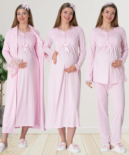 Önden Düğmeli Sabahlıklı Hamile Lohusa Gecelikli Pijama Takımı 4'Lü Set Pembe - 1924