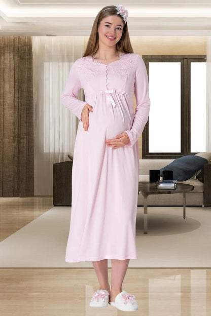 Önden Düğmeli Sabahlıklı Hamile Lohusa Gecelikli Pijama Takımı 4'Lü Set Pembe - 1924