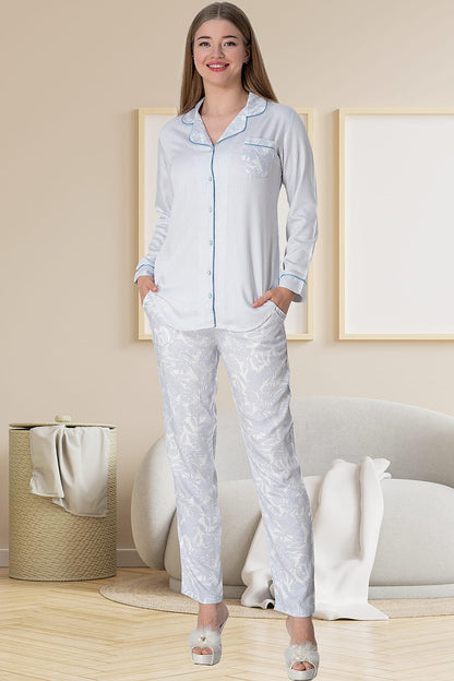 Dikey Çizgili Cep Detaylı Uzun Kollu Pijama Takımı Mavi - 5143