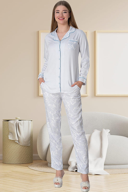 Dikey Çizgili Cep Detaylı Uzun Kollu Pijama Takımı Mavi - 5143
