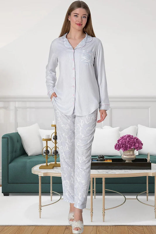 Dikey Çizgili Cep Detaylı Uzun Kollu Pijama Takımı Pembe- 5143