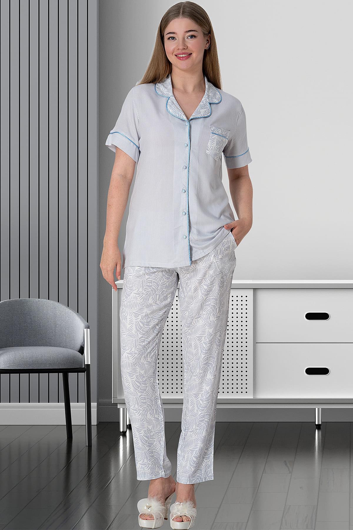Cep Detaylı Dikey Çizgili Kısa Kollu Pijama Takımı Mavi - 5144