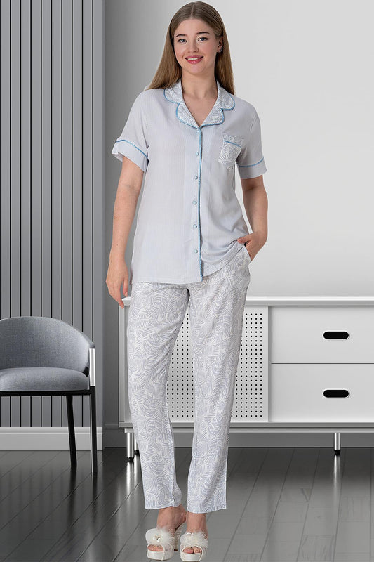 Cep Detaylı Dikey Çizgili Kısa Kollu Pijama Takımı Mavi - 5144