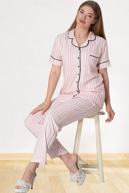 Dikey Çizgili Boydan Düğmeli Kısa Kollu Pijama Takımı Pembe - 5150