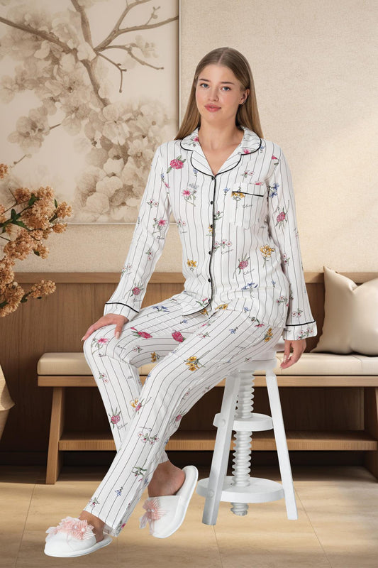 Dikey Çizgili Boydan Düğmeli Çiçek Desenli Uzun Kollu Pijama Takımı Ekru - 5252