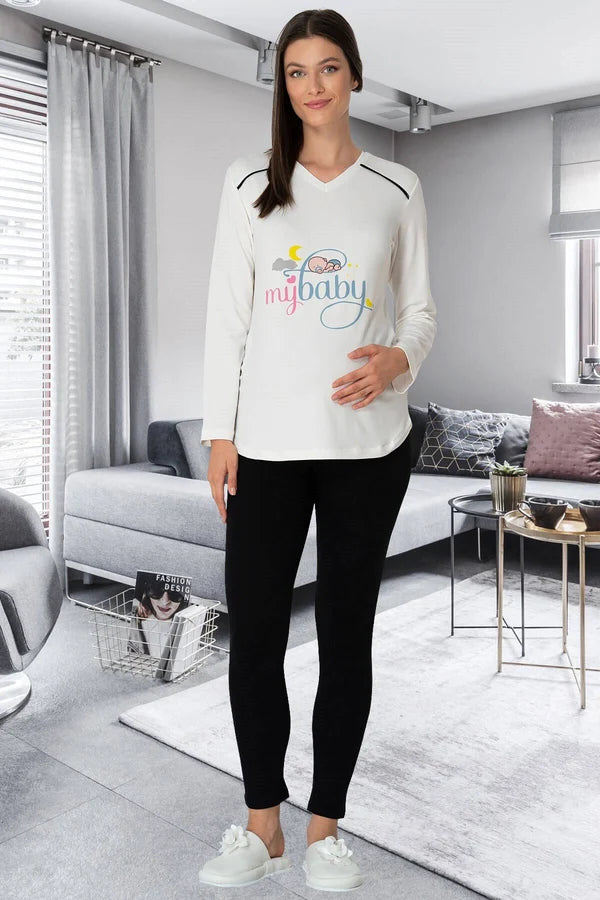 Baskılı Lohusa Hamile Ekru T-shirt - Siyah Tayt Takım - 5345