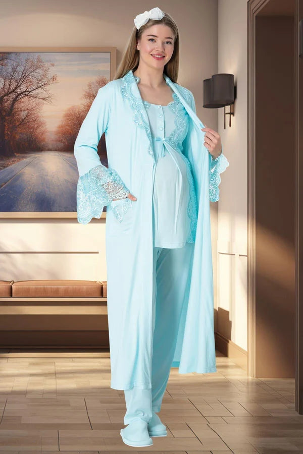 Dantelli Önden Düğmeli Lohusa Hamile Sabahlıklı Pijama Takımı Turkuaz -5353