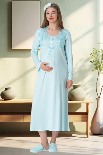 Güpürlü Önden Düğmeli Lohusa Hamile Sabahlıklı Gecelik Takım Turkuaz - 5354