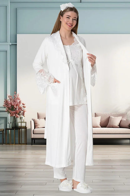 Önden Düğmeli Dantelli Sabahlıklı Lohusa Hamile Gecelikli Pijama Takım 4'lü Set Ekru - 5355