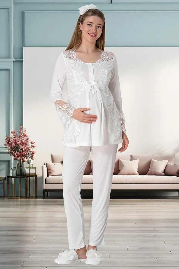 Önden Düğmeli Dantelli Sabahlıklı Lohusa Hamile Gecelikli Pijama Takım 4'lü Set Ekru - 5355