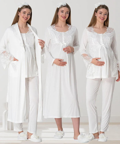 Önden Düğmeli Dantelli Sabahlıklı Lohusa Hamile Gecelikli Pijama Takım 4'lü Set Ekru - 5355