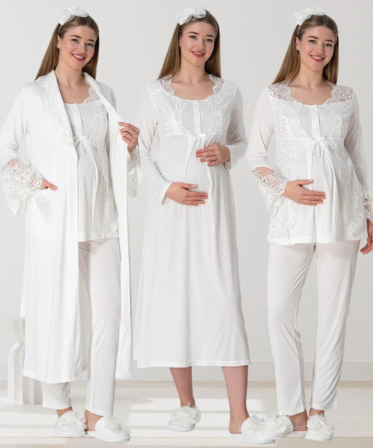 Önden Düğmeli Dantelli Sabahlıklı Lohusa Hamile Gecelikli Pijama Takım 4'lü Set Ekru - 5355