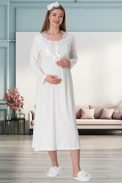 Önden Düğmeli Dantelli Sabahlıklı Lohusa Hamile Gecelikli Pijama Takım 4'lü Set Ekru - 5355