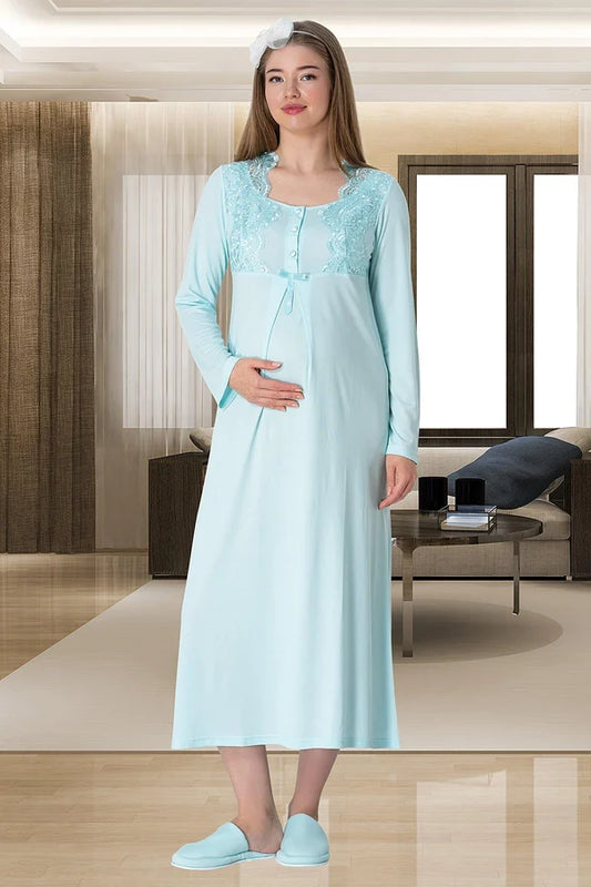 Önden Düğmeli Dantelli Sabahlıklı Lohusa Hamile Gecelikli Pijama Takım 4'lü Set Turkuaz - 5355