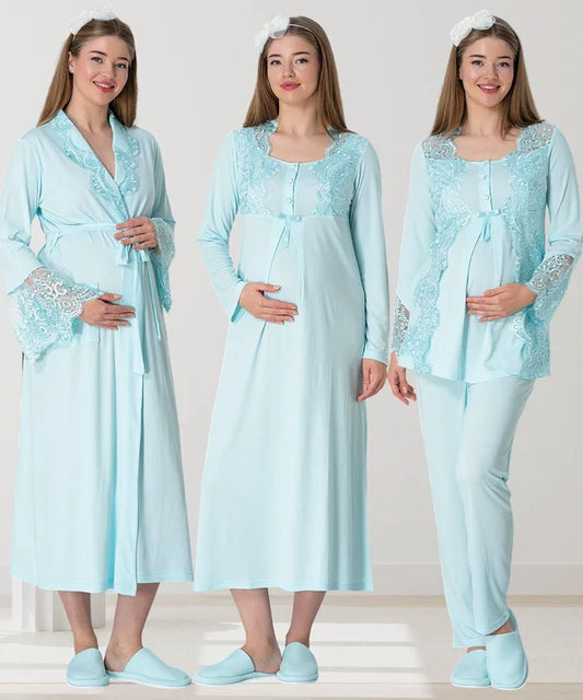 Önden Düğmeli Dantelli Sabahlıklı Lohusa Hamile Gecelikli Pijama Takım 4'lü Set Turkuaz - 5355