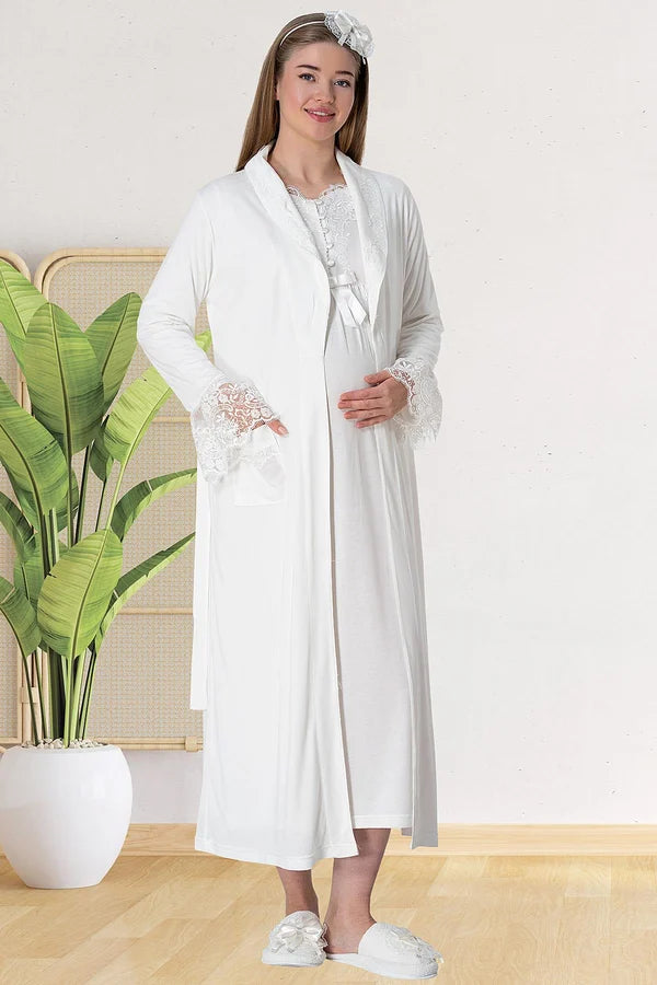 Önden Düğmeli Uzun Sabahlıklı Lohusa Hamile Gecelik Takımı Ekru - 5417
