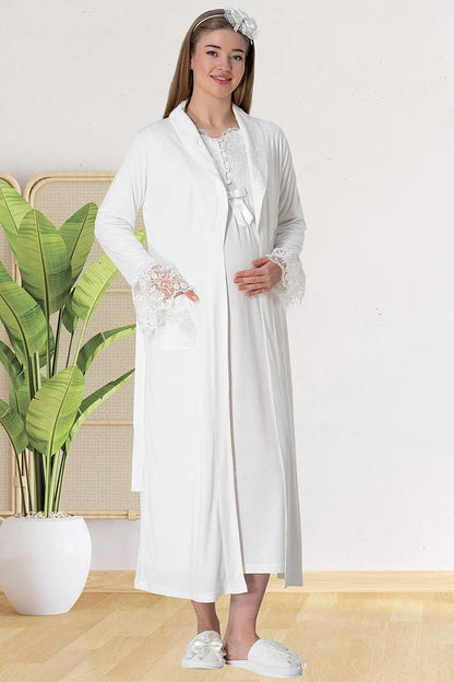 Önden Düğmeli Uzun Sabahlıklı Lohusa Hamile Gecelik Takımı Ekru - 5417