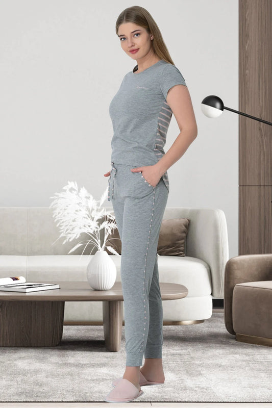 Kısa Kollu Pembe Çizgili Spor Pijama Takımı Gri - 5624