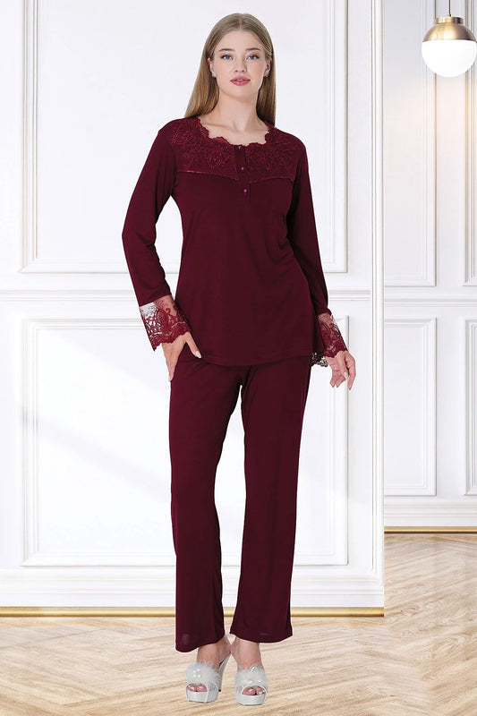 Dantel Kol Önden Düğmeli Uzun Kollu Pijama Takımı Bordo - 5720