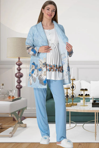 Önden Düğmeli Bloom Mavi Sabahlıklı Lohusa Hamile Pijama Takımı Mavi - 5800