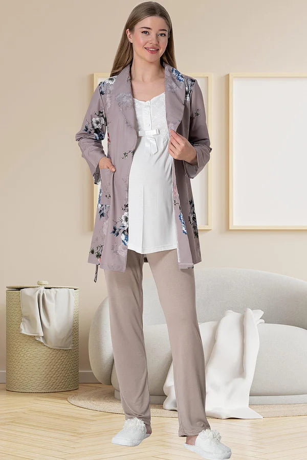 Dantelli Omuz Sabahlıklı Lohusa Hamile Pijama Takımı Vizon - 5804