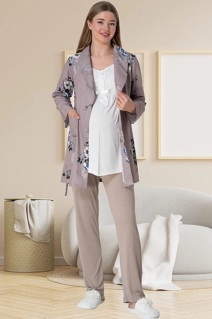 Dantelli Omuz Sabahlıklı Lohusa Hamile Pijama Takımı Vizon - 5804