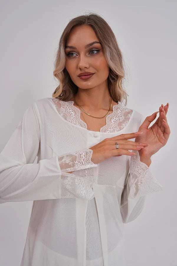 Önden Düğmeli Hamile Lohusa Pijama Takımı Ekru - 5808