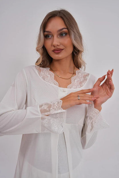 Önden Düğmeli Hamile Lohusa Pijama Takımı Ekru - 5808